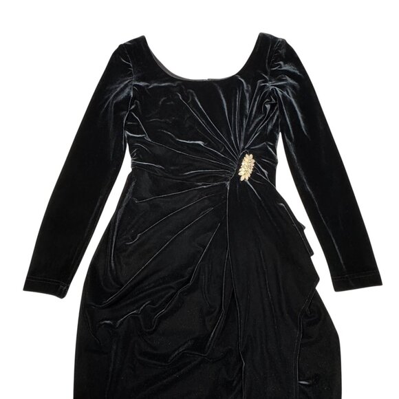 Vintage 90s Gothic Black Velvet Midi Dress Sz 6 Ruching Brooch Event Formal - Picture 6 of 13